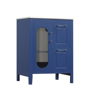 English Elm 24" Modern Bathroom Vanity with Ceramic Sink, Solid Wood & MDF Cabinet, Two Drawers, Shelf Blue N725P245273C