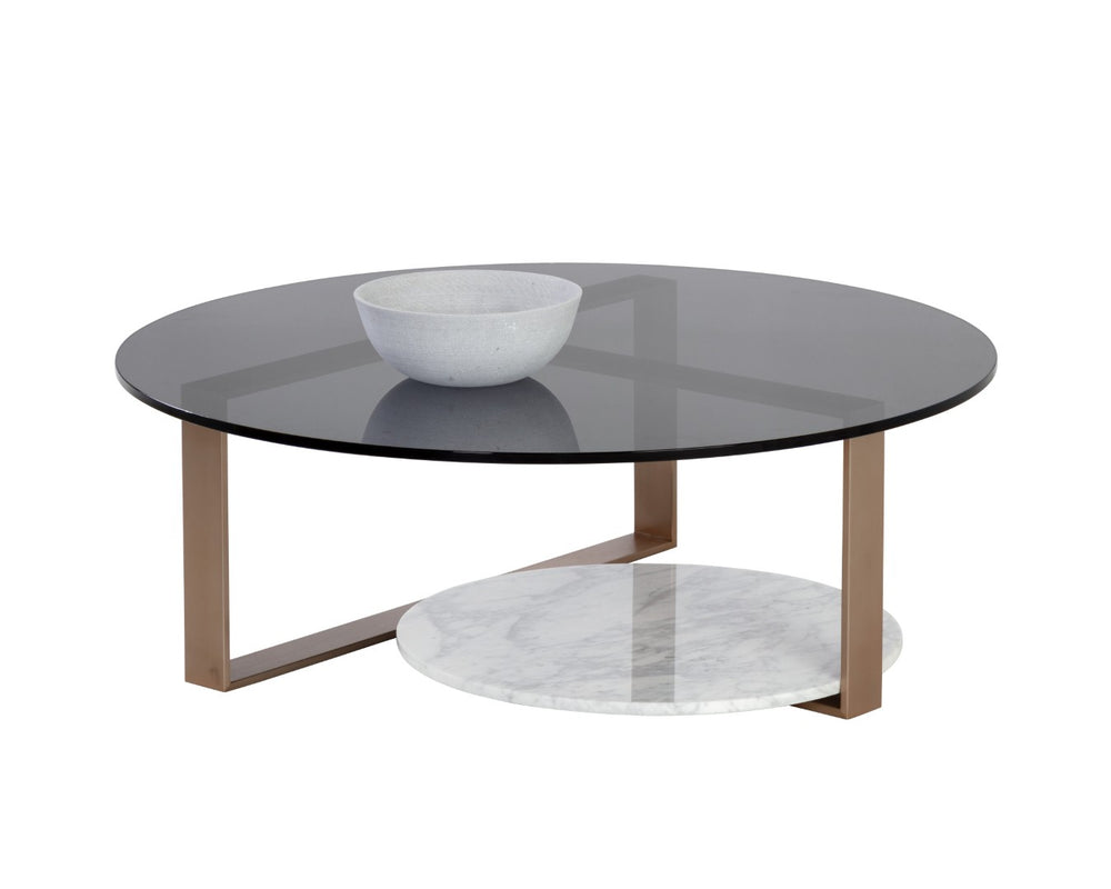 Sunpan MALDINI Contemporary Round Coffee Table with Grey Glass Top & White Marble Base for Modern Living Spaces 108048