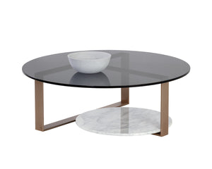 Sunpan MALDINI Contemporary Round Coffee Table with Grey Glass Top & White Marble Base for Modern Living Spaces 108048