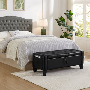 English Elm Ottoman Storage Bench Tufted Linen Upholstered Entryway Seat with Lift Top Shelf Black W2186P465443