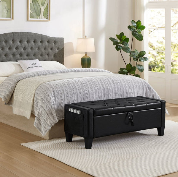 English Elm Ottoman Storage Bench Tufted Linen Upholstered Entryway Seat with Lift Top Shelf Black W2186P465443