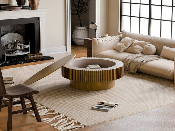 English Elm 39.37'' Fluted Drum Round Coffee Table Lift Top Hidden Storage Wood Veneer Modern W1435P409016