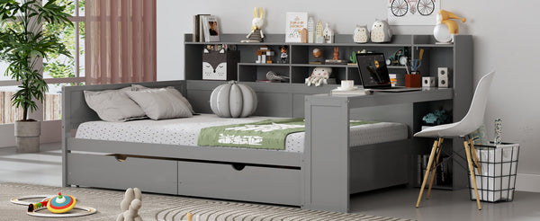 English Elm Wooden Full Size Daybed with Built-In Desk, Side Shelves and Dual Drawers for Organized Living Gray 70 L x 18.6 W x 5.5 H N733S241486E