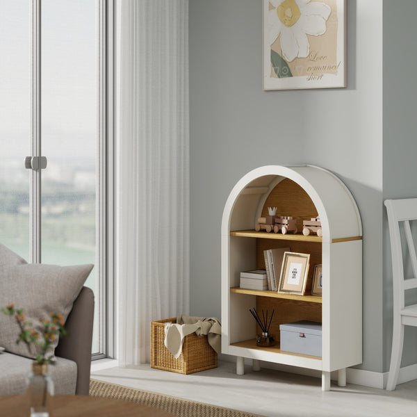 English Elm Arched Three Tier Bookshelf White Frame Woodgrain Shelves Modern Storage for Any Room W2557P428368