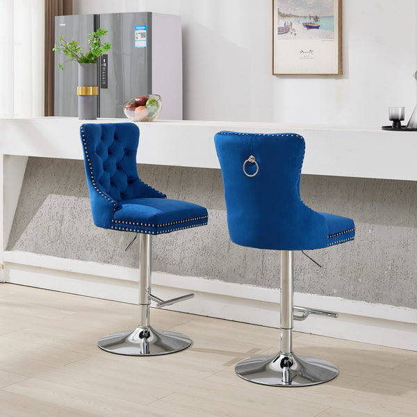 English Elm Thick Velvet Swivel Barstools with 17.7" Chrome Base, Tufted Diamond Pleating, Comfort Foam Seats Blue W1143P335044