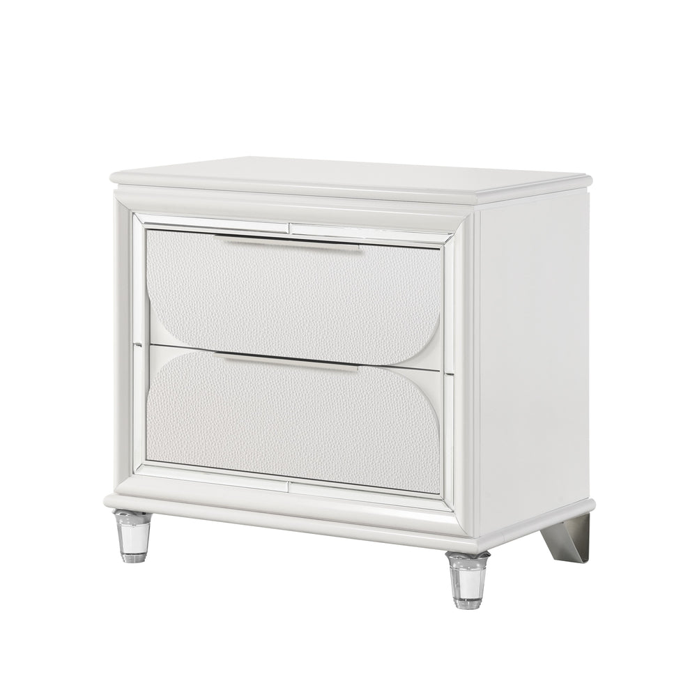 English Elm Glamorous Pearl White Nightstand with Two Deep Drawers, Mirrored Trim & Acrylic Legs, 30.3"W x 28.5"H B2741P324365