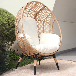 English Elm New PE Wicker Egg Chair Grid Style with Ergonomic High-Front Seat, Water-Resistant Rattan, Beige Cushion W400P241055