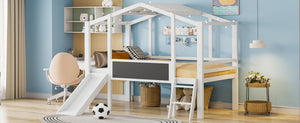 English Elm Twin House Loft Bed with Slide Chalkboard Panel and Led Roofline for Kids White WF324323AAK