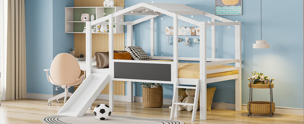 English Elm Twin House Loft Bed with Slide Chalkboard Panel and Led Roofline for Kids White WF324323AAK