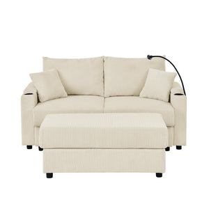 English Elm Modern Sofa Chair With Ottoman, Storage, Cup & Phone Holders - Plush Beige Corduroy Comfort Seat W1117S00203