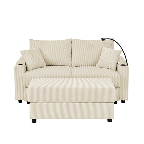 English Elm Modern Sofa Chair With Ottoman, Storage, Cup & Phone Holders - Plush Beige Corduroy Comfort Seat W1117S00203
