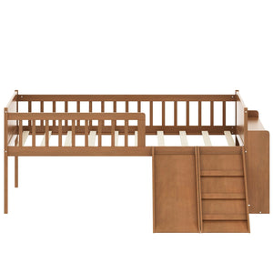 English Elm Twin Platform Kids Bed with Slide Ladder Guardrails Storage Shelf Wood Frame Walnut N733S415411M