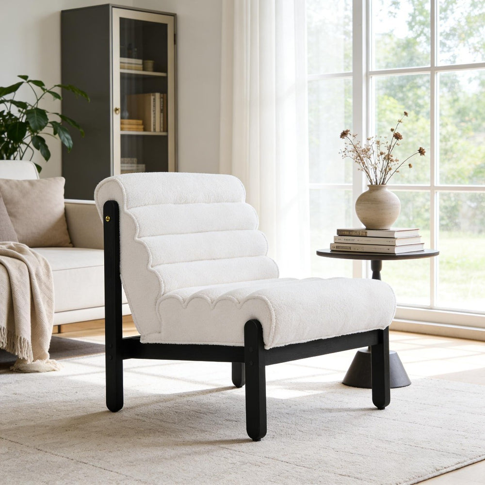 English Elm Fluffy Shearling Accent Chair Plush Tiered Back Solid Wood Frame Cozy Reading Nook White+Black N767P366257W