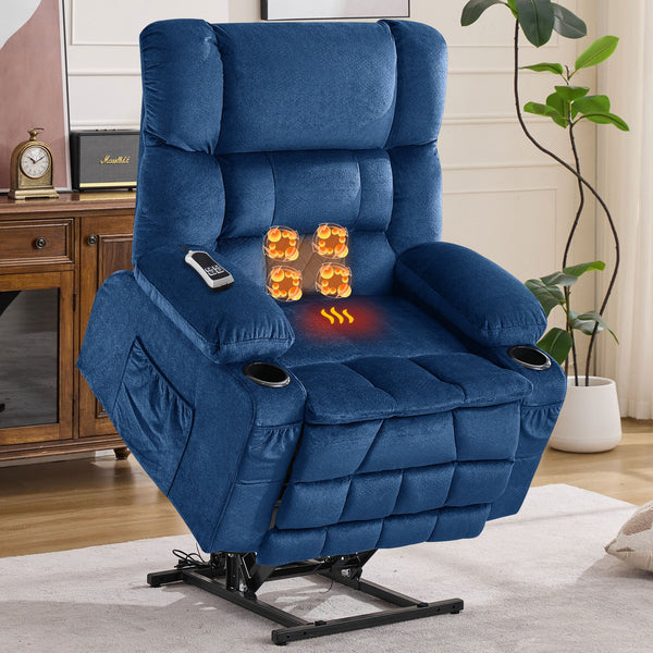 English Elm Dual Motor Large Power Lift Recliner Chair with Waist Kneading & Heat, Extended Footrest, USB Ports Blue W1521S00073