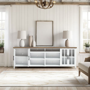 English Elm 96 inch TV Stand Console - Fully Assembled Two-Tone Jasmine Whitewash & Barnwood Media Console for 100" TVs B108P160166