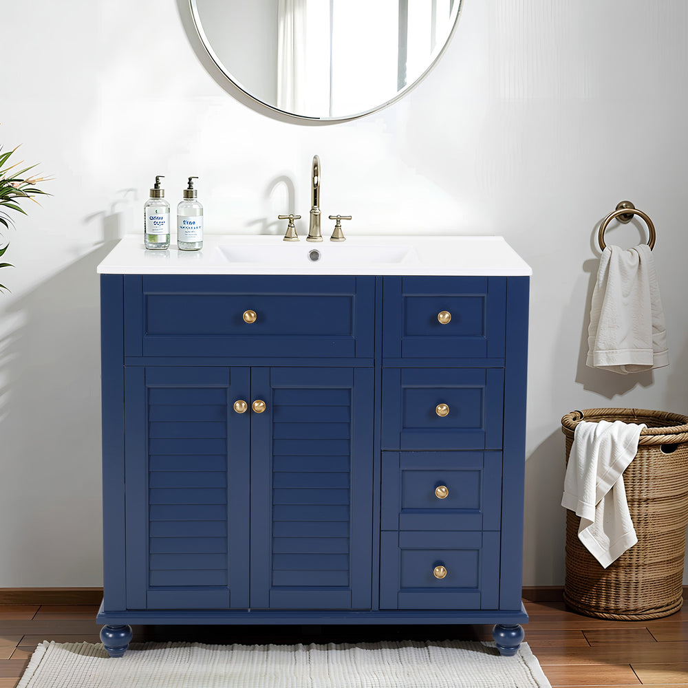 English Elm 36" Modern Grey Bathroom Vanity with Ceramic Sink, Solid Wood Frame, Soft-Close Drawers, Organizer Storage Blue W2896P344087