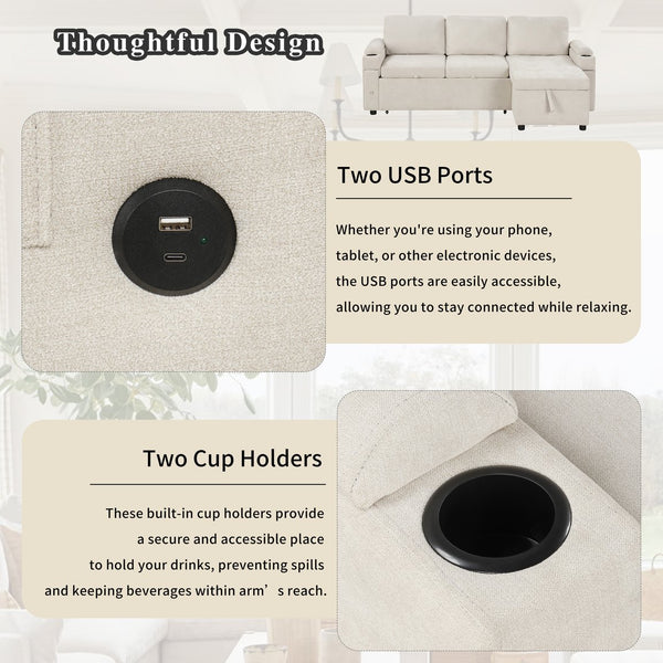 English Elm 83.5" L-shaped Sofa Couch Convertible Sectional with Reversible Chaise, Hidden Storage, USB Ports Beige N719S001790A