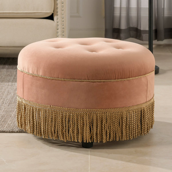 English Elm Jennifer Taylor Home - Yolanda 24" Round Velvet Ottoman - Plush Peach Orange With Gold Trim, Chic Accent For Any Room B2719P238164