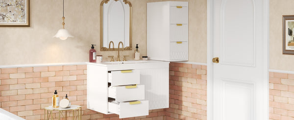 English Elm 30" Bathroom Vanity with Sink — Wall-Mounted Ceramic Basin, Soft-Close Storage, Floating Modern Design White N710S324096K