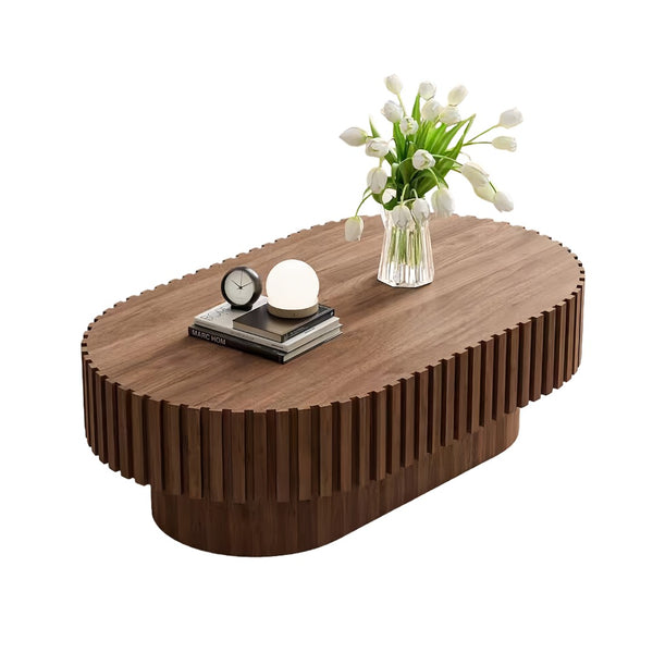 English Elm Oval Fluted Walnut Coffee Table Sculptural Pedestal Base Mid Century Living Room W3204P391004