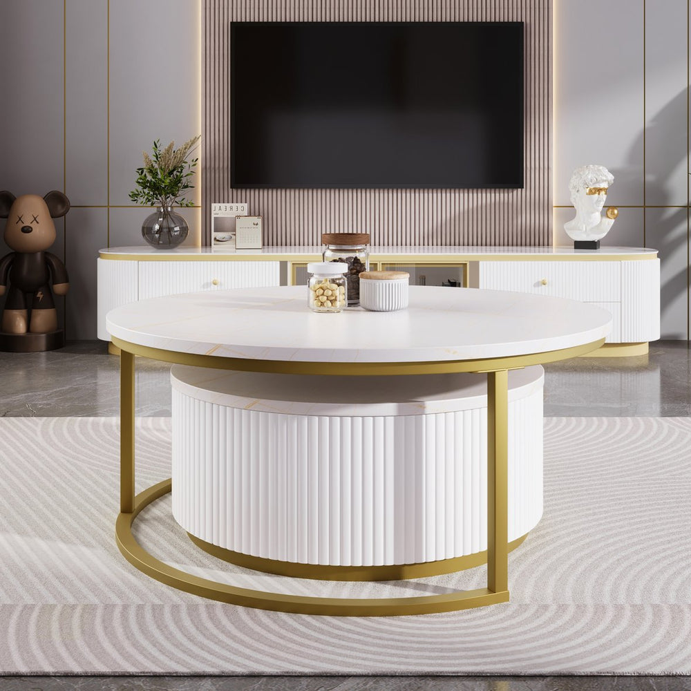 English Elm Modern Round Nesting Coffee Table Fluted with Drawer in Gold Finish — Elegant MDF Top, Space-Saving Design White N735P254992K
