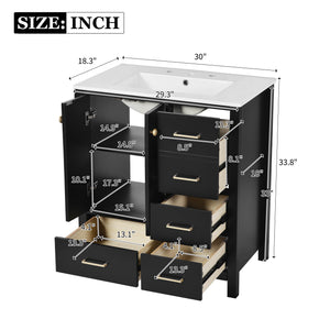 English Elm 30'' Elegant Freestanding Bathroom Vanity With Ceramic Sink, Soft-Close Drawers & Timeless Black Finish N710P194420B