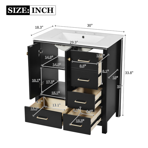 English Elm 30'' Elegant Freestanding Bathroom Vanity With Ceramic Sink, Soft-Close Drawers & Timeless Black Finish N710P194420B