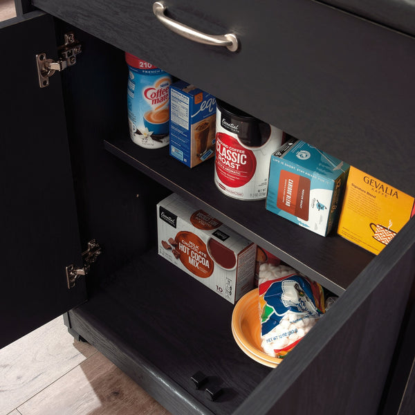 English Elm Microwave/Kitchen Cart Black finish with Drawer, Cord Management, Adjustable Shelf & Casters for Small Spaces B356P402799