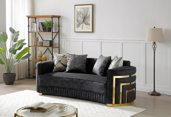 English Elm Soledad Curved Black Upholstered Sofa with Gold Chrome Accents, Deep 23" Seat, 3-Person Comfort B078S00631