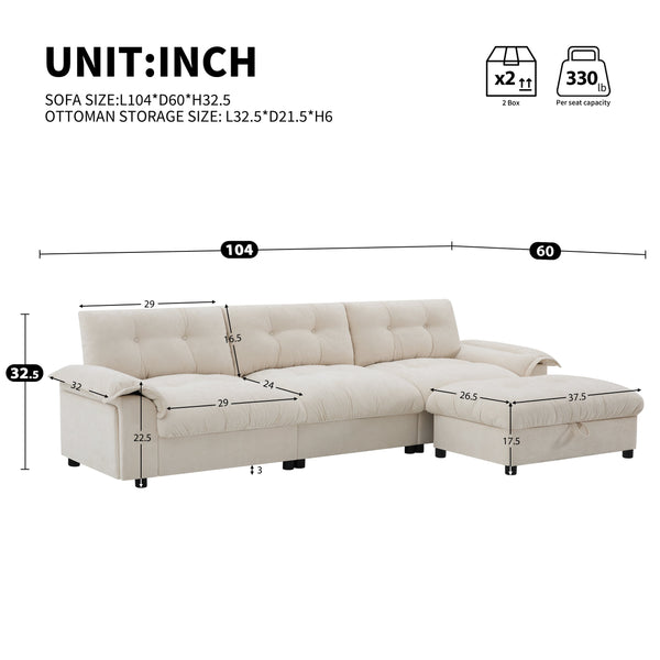 English Elm 104*60" Sectional Sofa with Hidden Ottoman Storage, Tufted Chenille, USB Ports, Cup Holder Beige N723S9806A