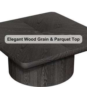 English Elm 34.6'' Square Coffee Table Parquet Wood Veneer Sculptural Cylindrical Base Modern Living Room Black W1435P337648
