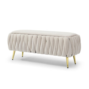 English Elm Oval Teddy Fabric Storage Bench with Gold Legs — 43.4" Large Upholstered Ottoman for Entryway Seating and Hidden Organization Beige W1117P184677