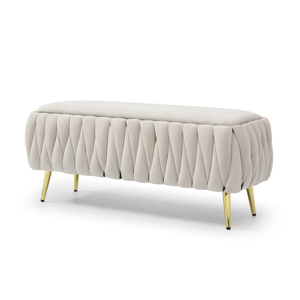 English Elm Oval Teddy Fabric Storage Bench with Gold Legs — 43.4" Large Upholstered Ottoman for Entryway Seating and Hidden Organization Beige W1117P184677