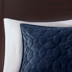 JLA Home Madison Park - 3 Velvet Quilt Set with Plush Polyester Velvet, Geometric Quilting, Antimicrobial Finish for Cozy Style Navy MP13-3303