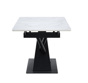 English Elm Modern Extendable Dining Table with Walnut MDF Veneer Top, Dual V-Shaped Metal Base, Sleek Durable Design White Marble W3493S00006