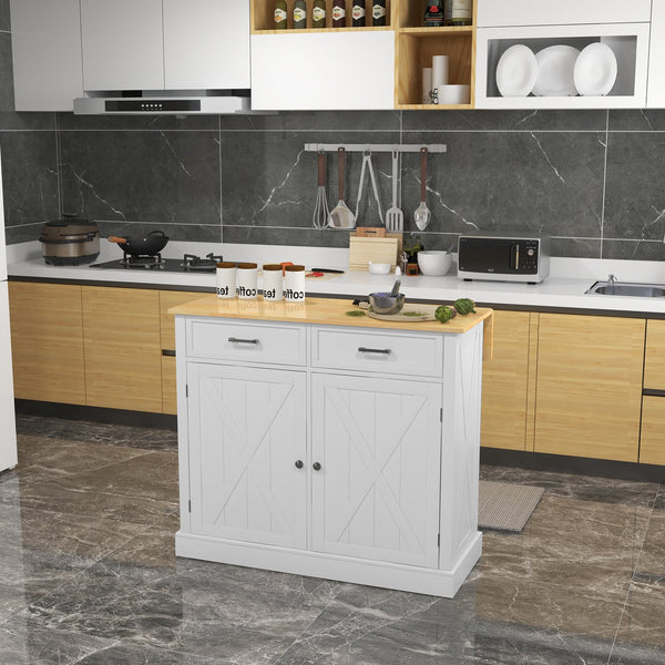 English Elm HOMCOM Mobile Kitchen Island with Drop Leaf Breakfast Bar, Rubberwood Top, Locking Casters & Storage White W2225P217403