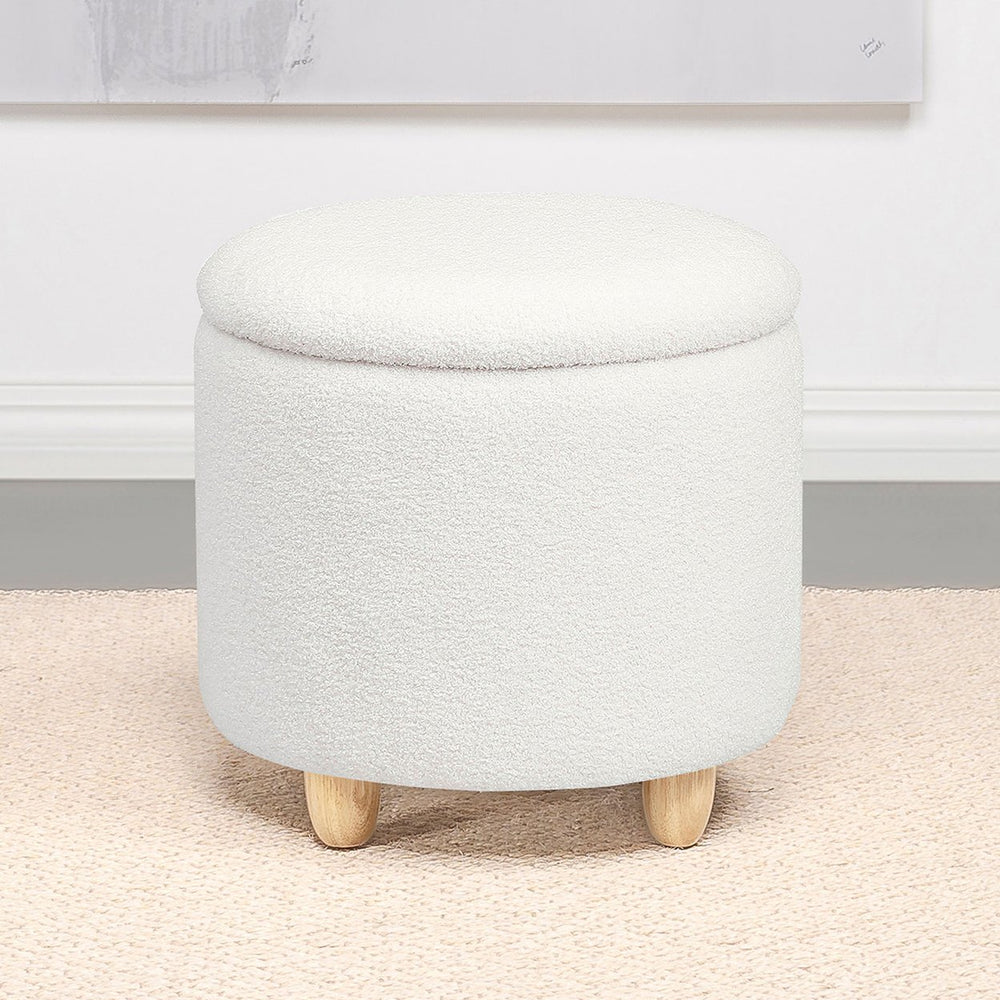 English Elm Faux Round Sheepskin Storage Ottoman with Removable Lid and Natural Wood Legs for Cozy Living Space Ivory B016P383359