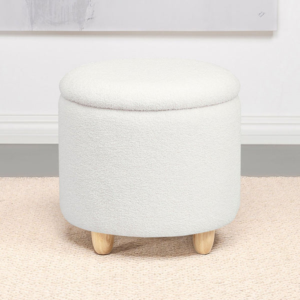 English Elm Faux Round Sheepskin Storage Ottoman with Removable Lid and Natural Wood Legs for Cozy Living Space Ivory B016P383359