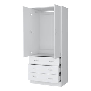 English Elm FM FURNITURE Prescott Armoire White - Elegant 2-Door Wardrobe with Hanging Rod, 3 Drawers, Durable Design B128S00061