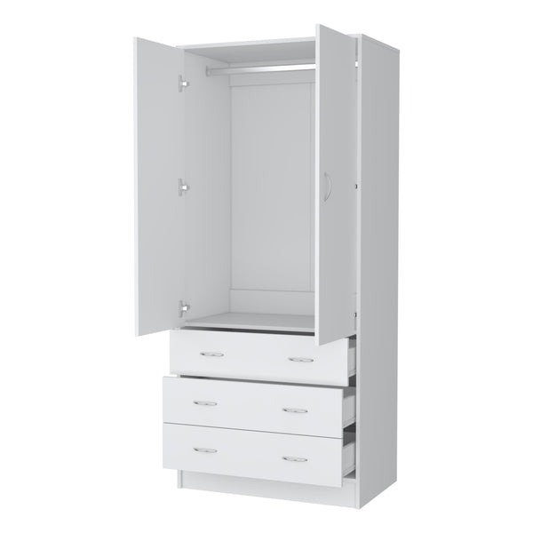 English Elm FM FURNITURE Prescott Armoire White - Elegant 2-Door Wardrobe with Hanging Rod, 3 Drawers, Durable Design B128S00061