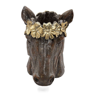 English Elm 14.5x8.5x13.5" Magnesium Horse Statue Planter with Textured Brown Finish, Gold Leaf Crown, Indoor/Outdoor Durable Decor W2078P335759