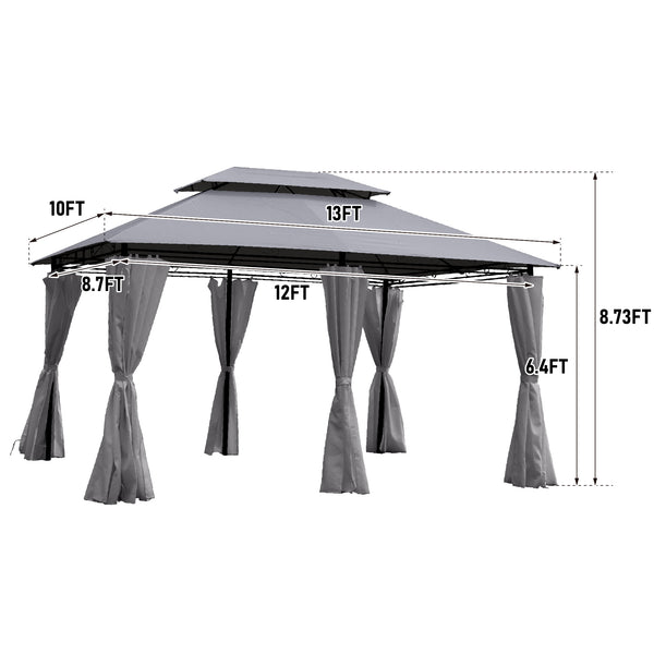 English Elm 13x10 Outdoor Gazebo Canopy Tent With Double Vented Roof, Full Sidewalls For Insect & Weather Shield Grey W419P282068