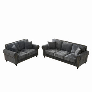 English Elm Modern Chenille 3+2 Seater Sofa with Rolled Arms, Velvet Touch, Nailhead Trim, Solid Wood Legs, Cozy Gray W3373S00021