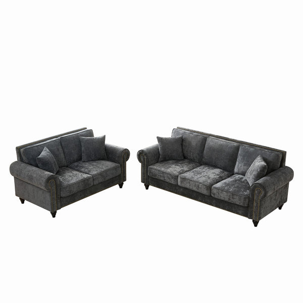 English Elm Modern Chenille 3+2 Seater Sofa with Rolled Arms, Velvet Touch, Nailhead Trim, Solid Wood Legs, Cozy Gray W3373S00021