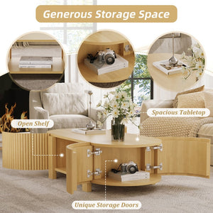 English Elm Oval Fluted Rubberwood Coffee Table with Open Storage Shelf for Living Room Natural N735P369880N