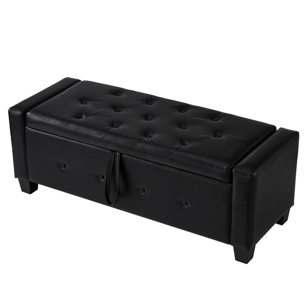 English Elm 48" Storage Ottoman Bench with Tufted Faux Leather Upholstery, Solid Wood Frame & 300lb Capacity Black W1097P338776