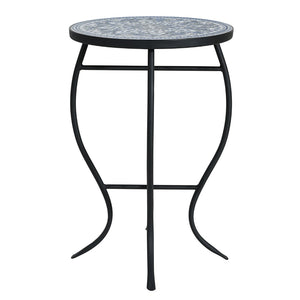 English Elm Outdoor Mosaic Ceramic Tile Round Side Table with Curved Wrought Iron Patio Accent Black,Blue,White N773P365597B