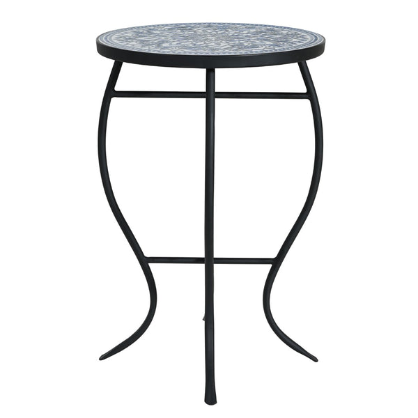 English Elm Outdoor Mosaic Ceramic Tile Round Side Table with Curved Wrought Iron Patio Accent Black,Blue,White N773P365597B