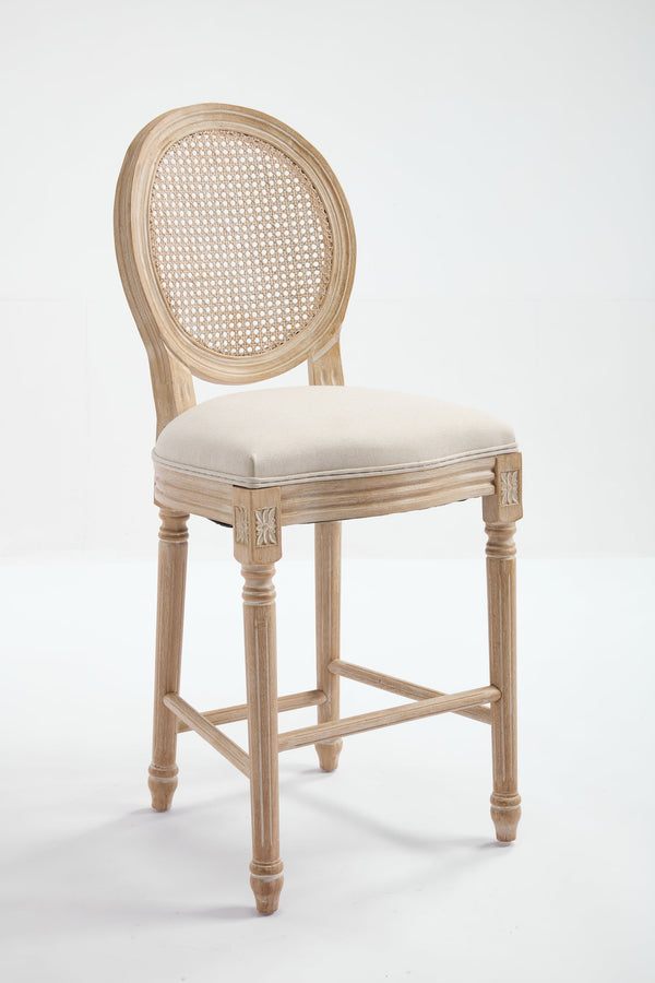 English Elm French Country Bar Chairs Set Of 2 - Upholstered Rattan Back, Solid Wood Frame For Elegant Dining W3426P324564