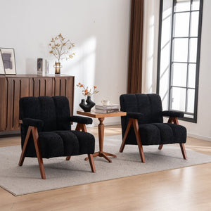 English Elm Mid-century Modern Chenille Lounge Chair Set Oak Frame Cloud Silhouette Living Room Black W1170S00051